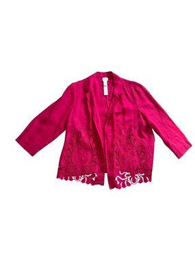 Chico's Women's Open Front Jacket Sz 2 /Large Eyelet Embroidered Linen Hot Pink
